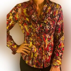 7th Avenue design multicolored collared long sleeve blouse with ruffles size m
